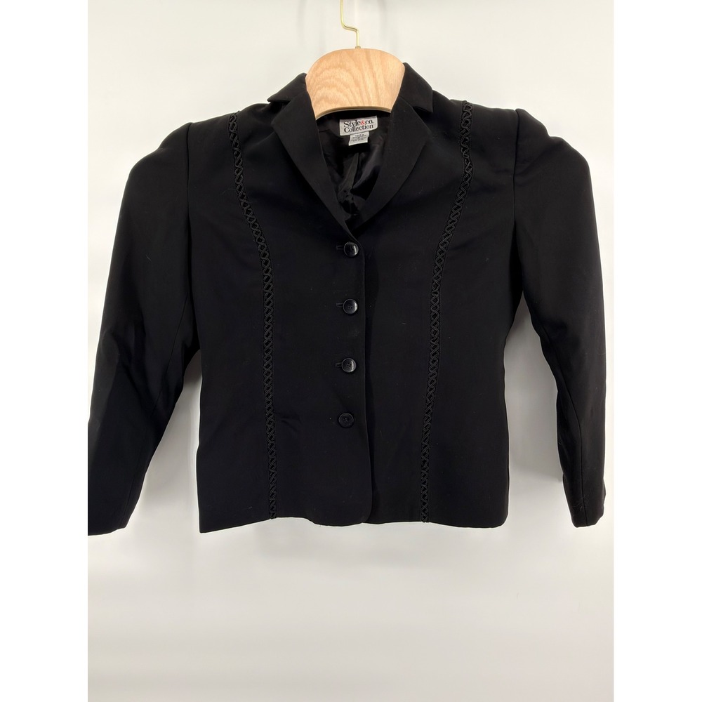 Style‎ & Co Blazer Womens 6 Black Braided Trim Collared Button Front Jacket